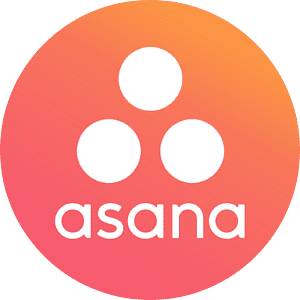 Asana logo: white circles in a triangular arrangement on a gradient orange-pink background. Text: “asana”.