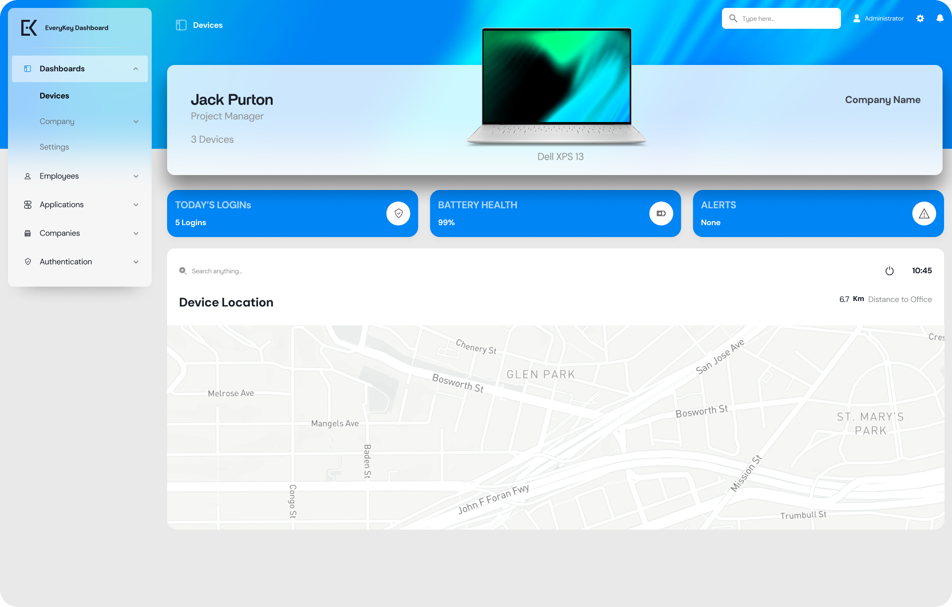 Web interface showing laptop device information, with map and status details, in blue and white.