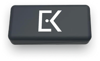 Dark gray rectangular device with a white