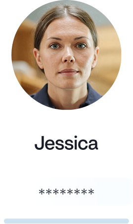 Jessica's profile: a woman's face in a circle, name below, and password field obscured by asterisks.