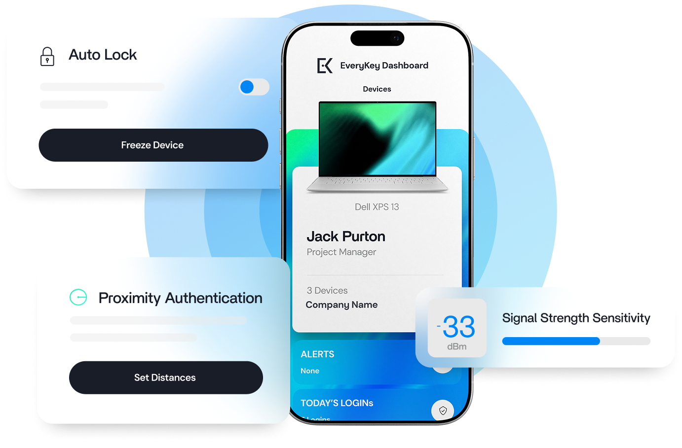 Smartphone app interface showcasing device information and security features like auto-lock and proximity authentication.