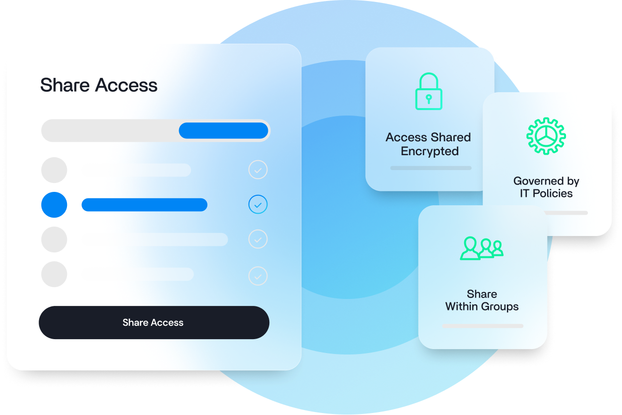 Interface illustrating shared access: blue sliders, lock icon, gear icon, group icons.