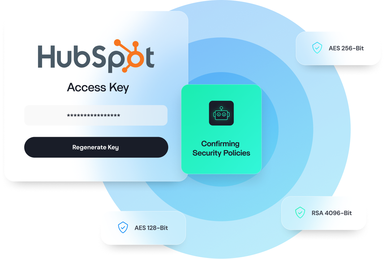 HubSpot access key interface with a password field, security validation, and blue radial background.