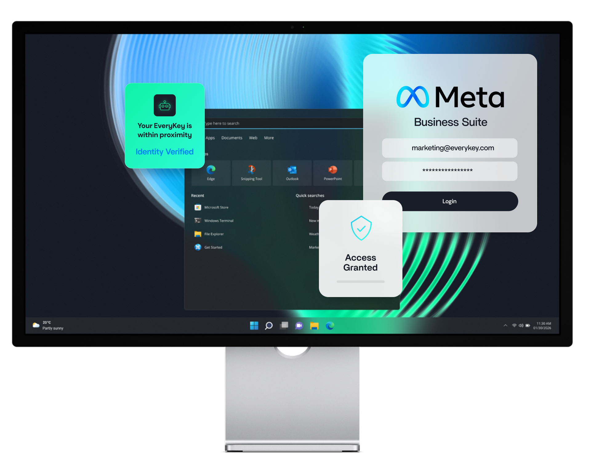 Monitor displaying a desktop with floating login prompts for Meta and a locally verified app.