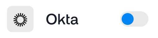 Okta icon, text, and an enabled toggle switch, with a blue button.