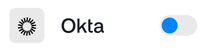 Okta icon, text, and an enabled toggle switch, with a blue button.