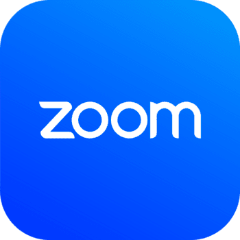 Zoom app icon on a blue background. The word 