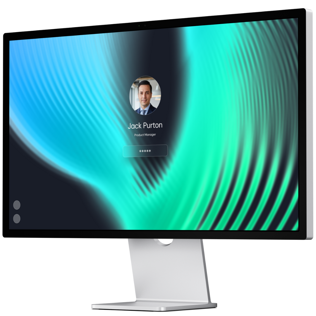 Monitor displaying a login screen with a user photo and swirling blue and green background.