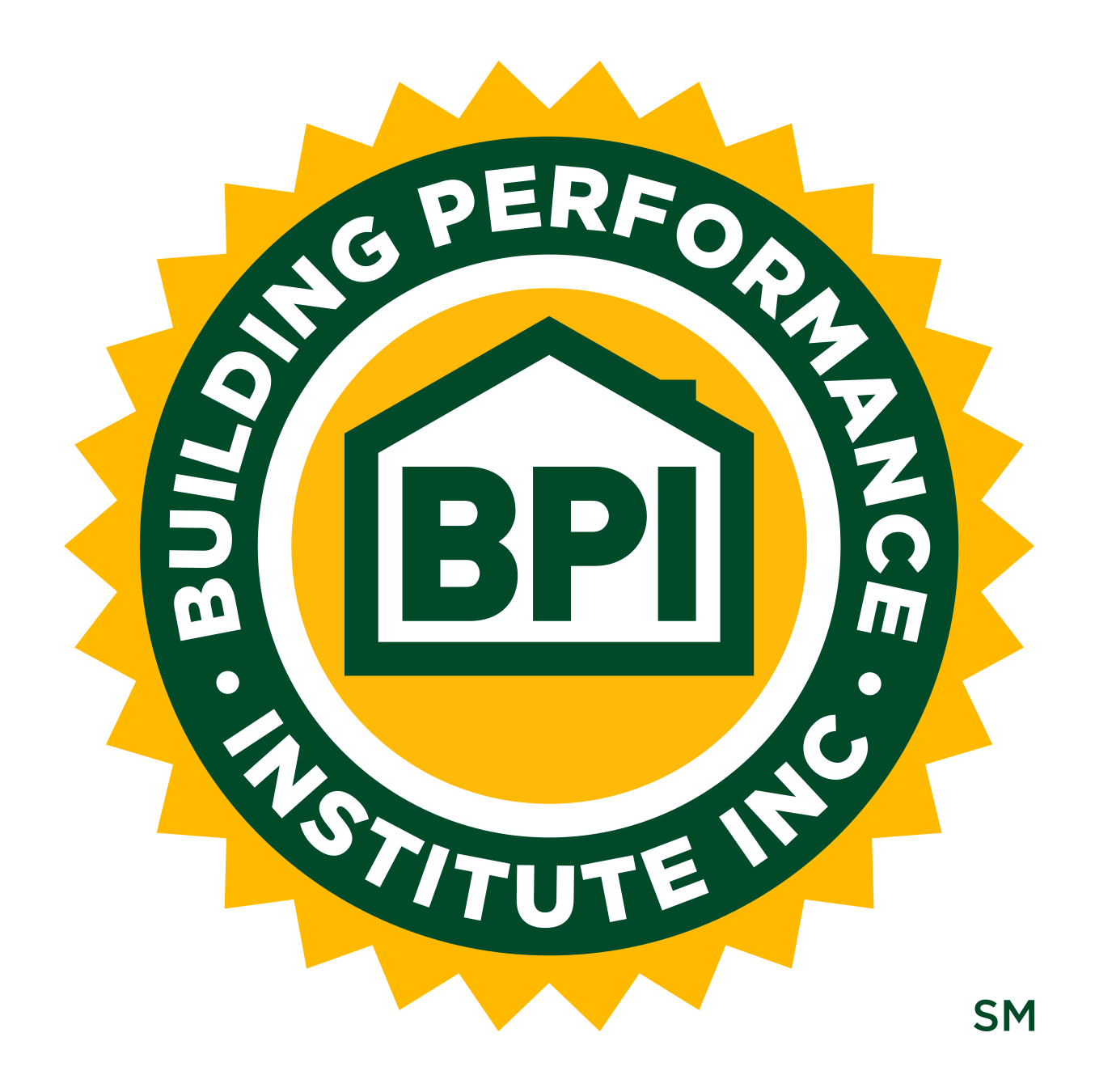 BPI logo: green and gold seal with text "BUILDING PERFORMANCE INSTITUTE INC" around a house icon and "BPI" letters.