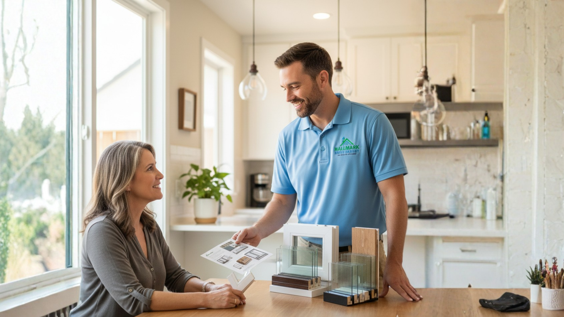 Man in blue shirt shows diagrams to woman at a kitchen table; displays of products are present.