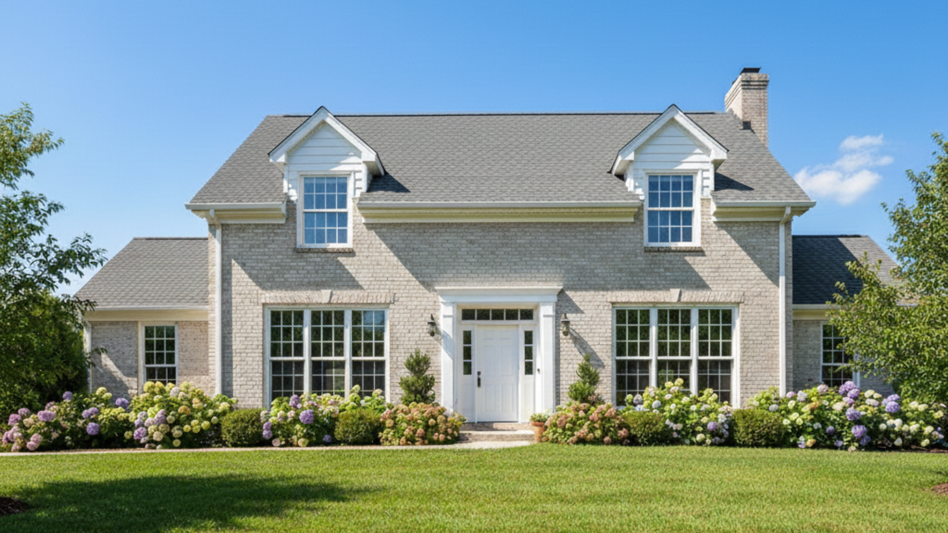 Two-story house with tan siding, brick accents, black shutters, and a well-manicured lawn under a clear blue sky.