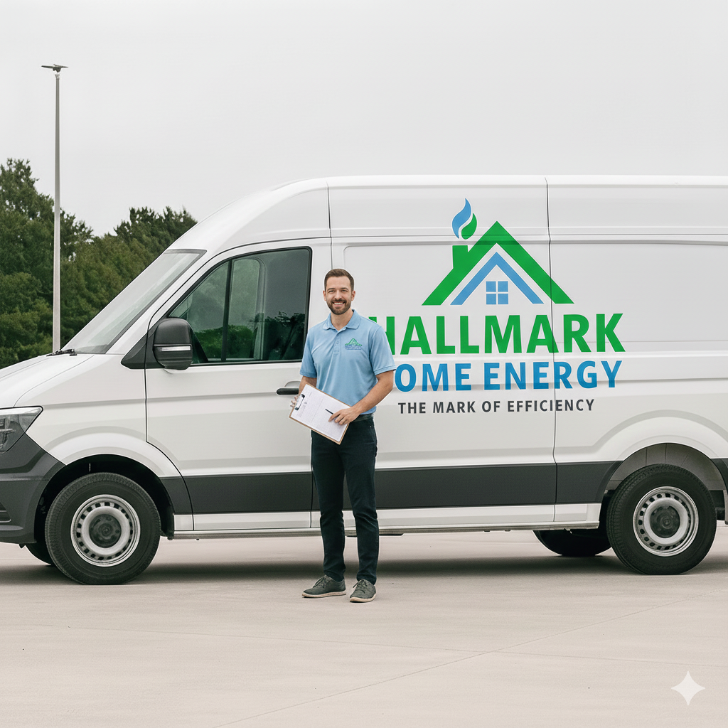 Man stands by white Hallmark Home Energy van holding clipboard.