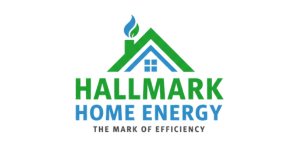 Logo of Hallmark Home Energy. Green house icon with blue flame, and green text: Hallmark Home Energy. 
