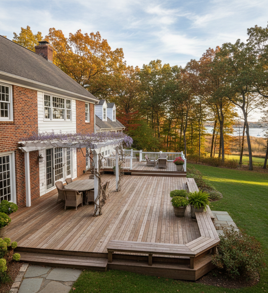 Exterior of a white house with a brick column, white-framed windows, and a dark brown roof.