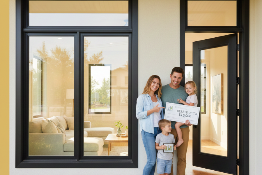 Family stands in front of a home, holding a 