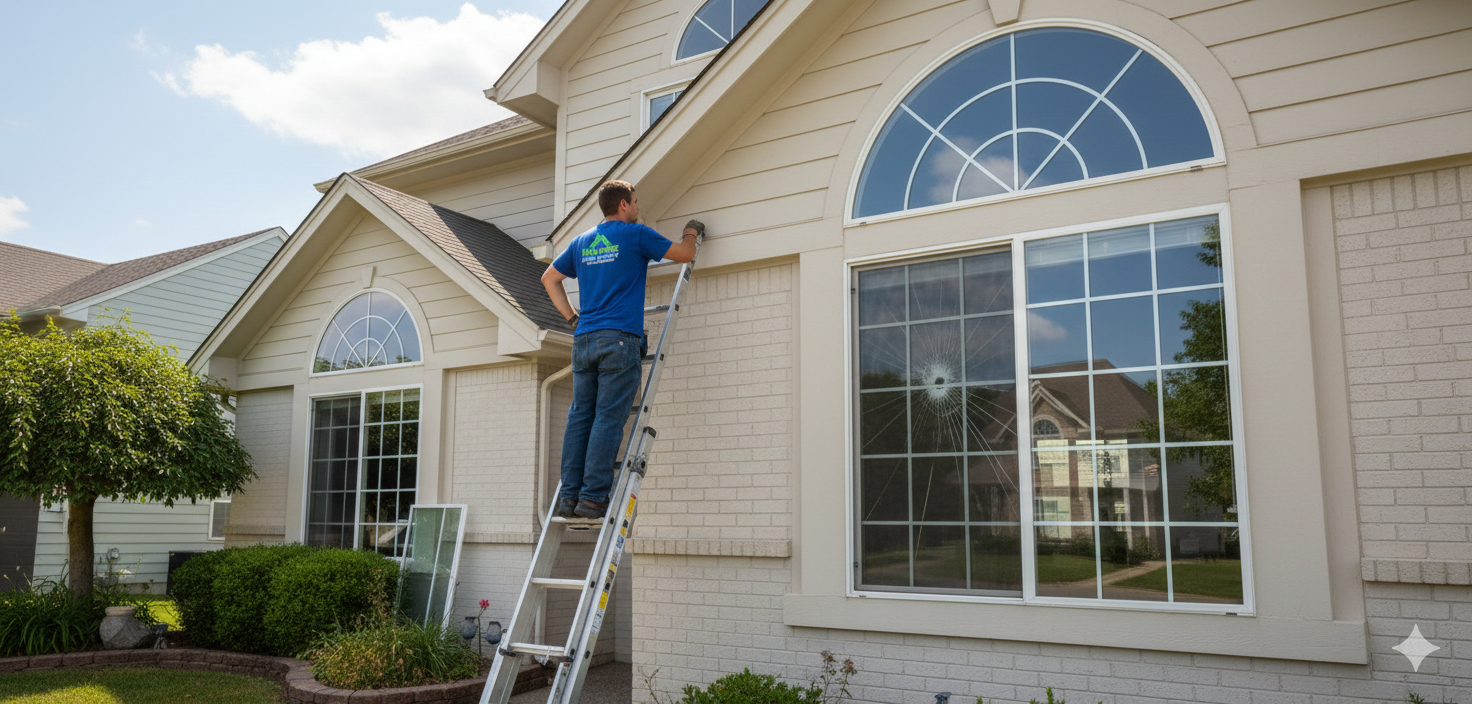 A person on a ladder working on the side of a house with large windows.