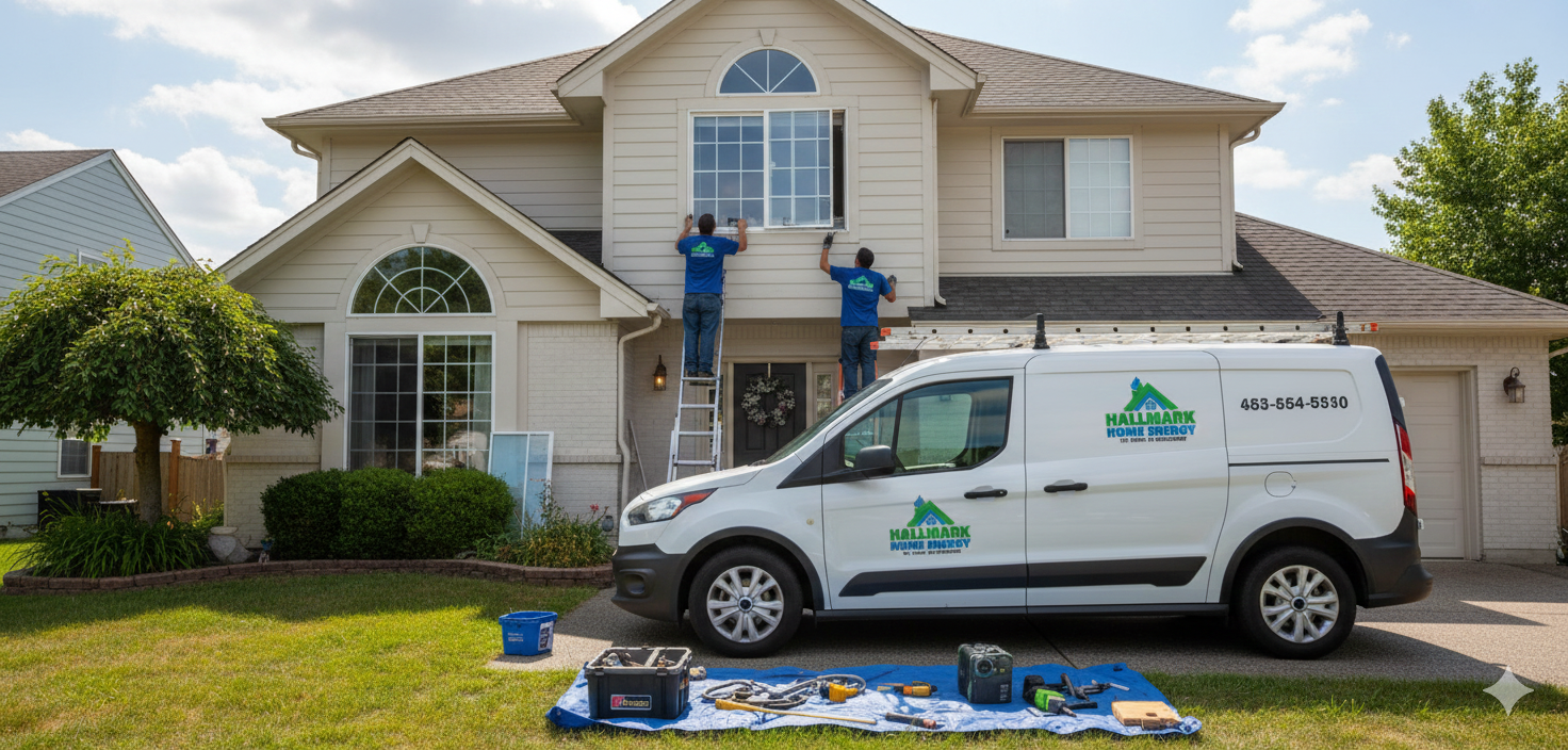 Two workers cleaning windows of a beige house. White van with logo parked on the lawn.