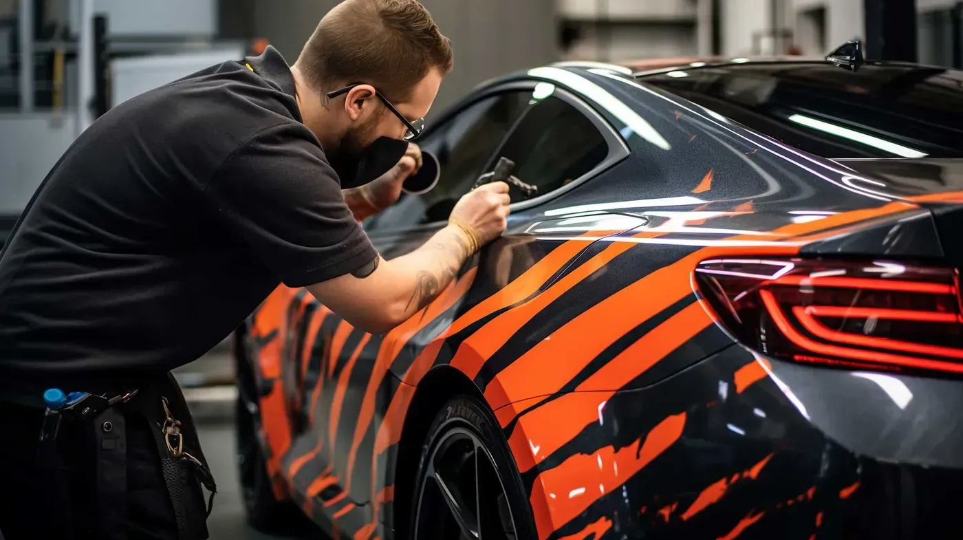 Person applying orange and black wrap to a car's rear quarter panel.