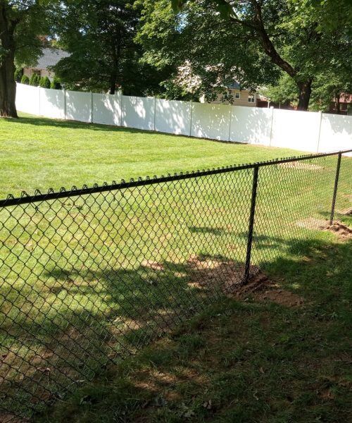 A chain link fence surrounds a lush green field