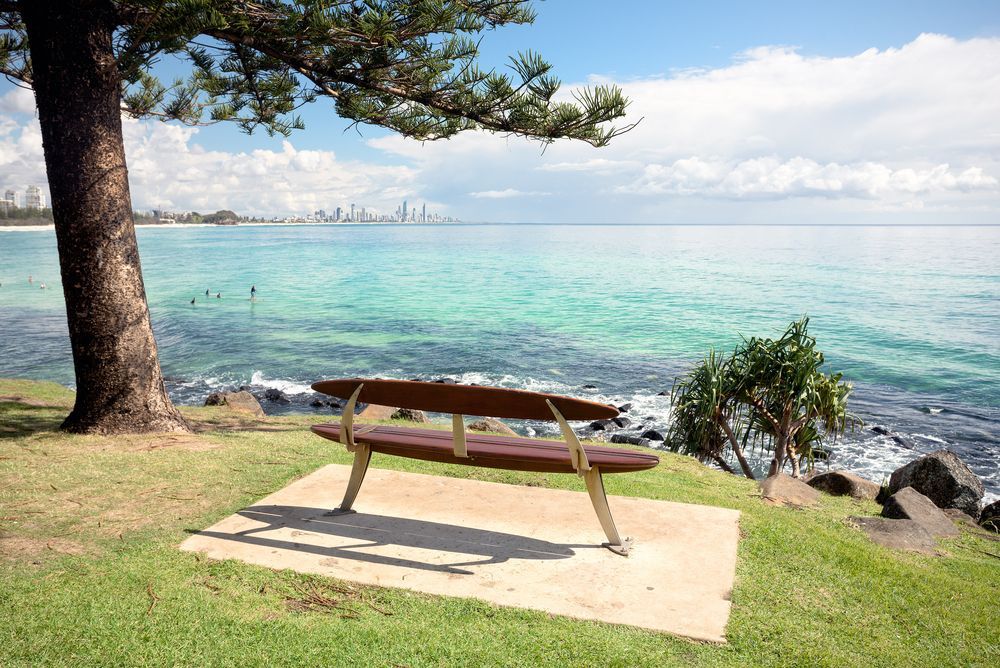 A Wooden Bench Is Sitting In The Grass Near The Ocean — Scott Graham Building Services In Burleigh Heads, QLD