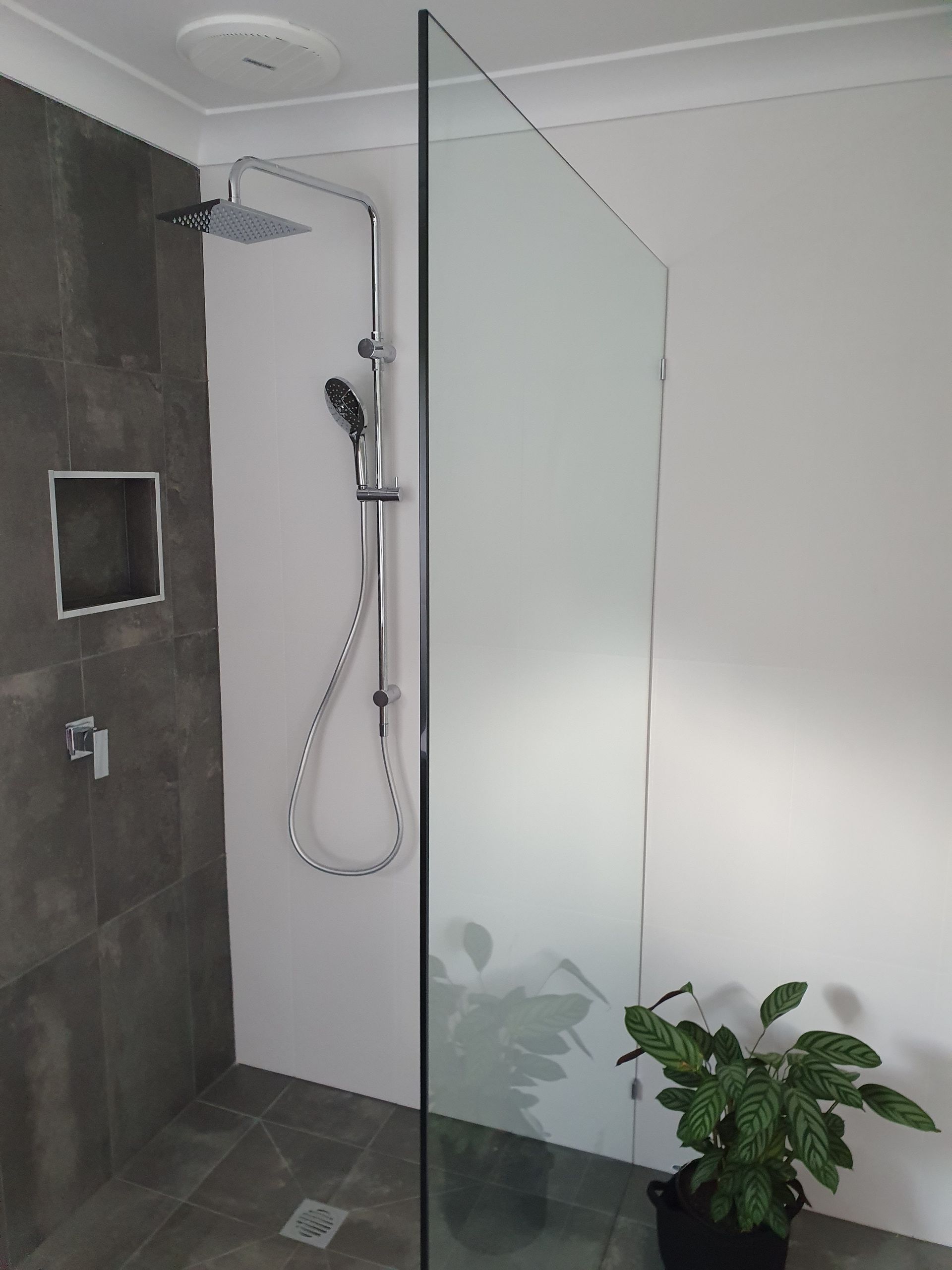A Walk in Shower With a Plant in the Corner  — Scott Graham Building Services In Bilambil Heights, NSW 