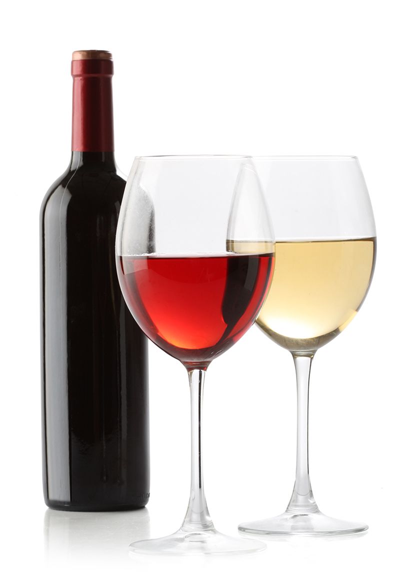 two glasses of wine and a wine bottle