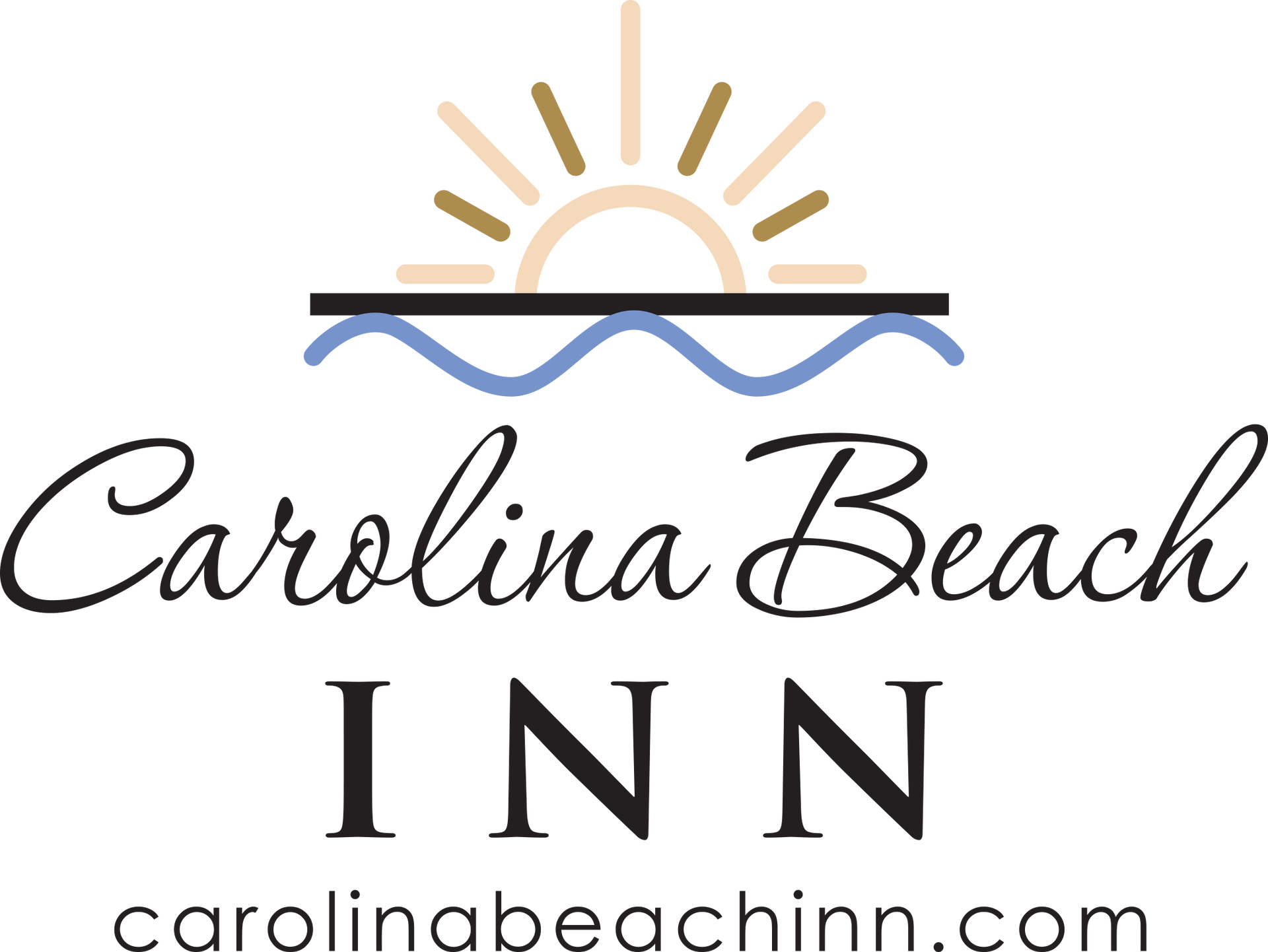The Carolina Beach Inn logo in navy blue, featuring a stylized sun rising over waves. This logo represents a nearby accommodation option, emphasizing its coastal location and proximity to Seabirds Motel, known for its pet-friendly lodging in North Carolina.