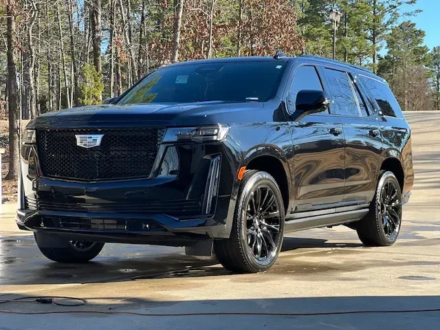 Black Cadillac SUV parked on a driveway in a wooded area