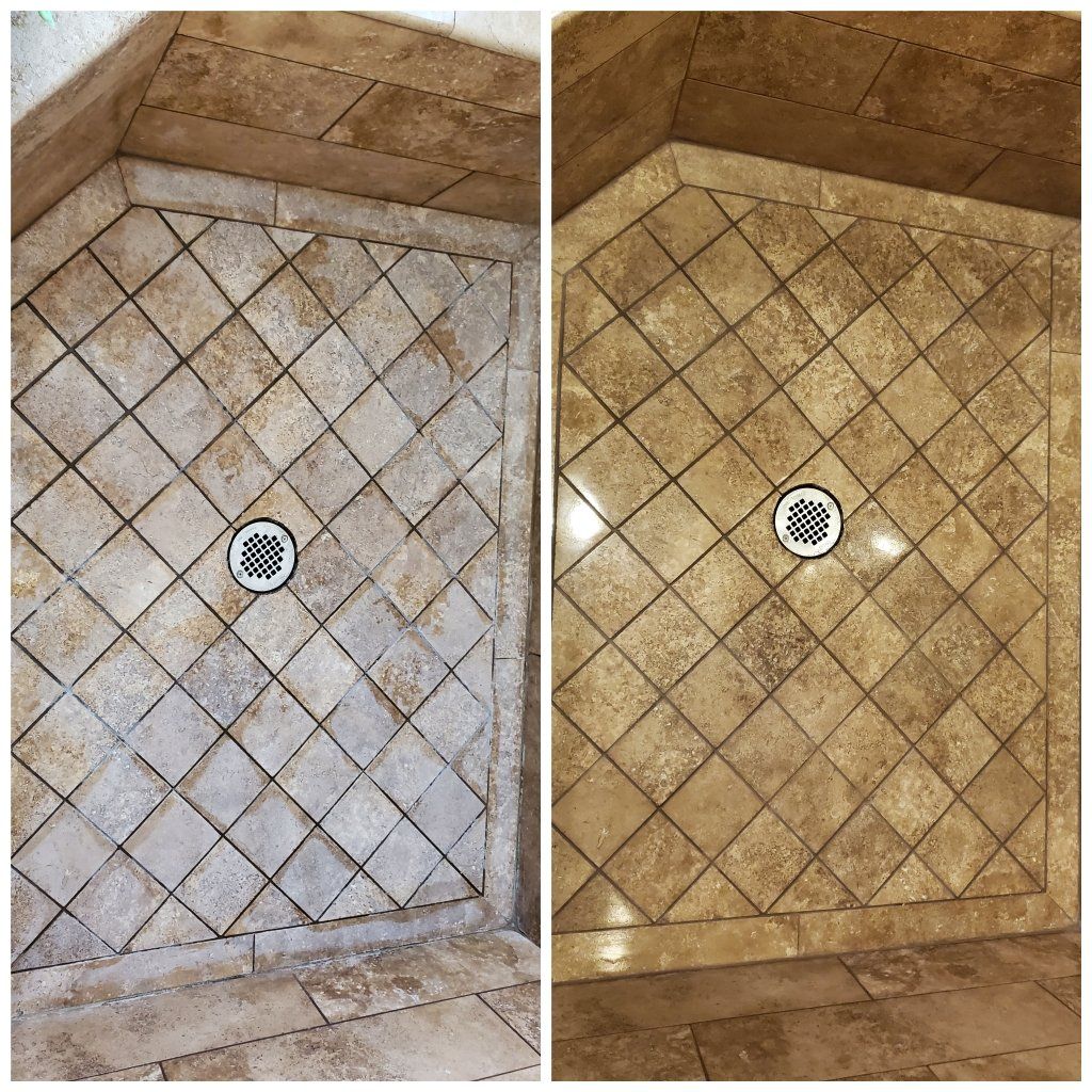 Travertine Shower Etched By Kaboom, Restored to Better Than New Mesa Arizona