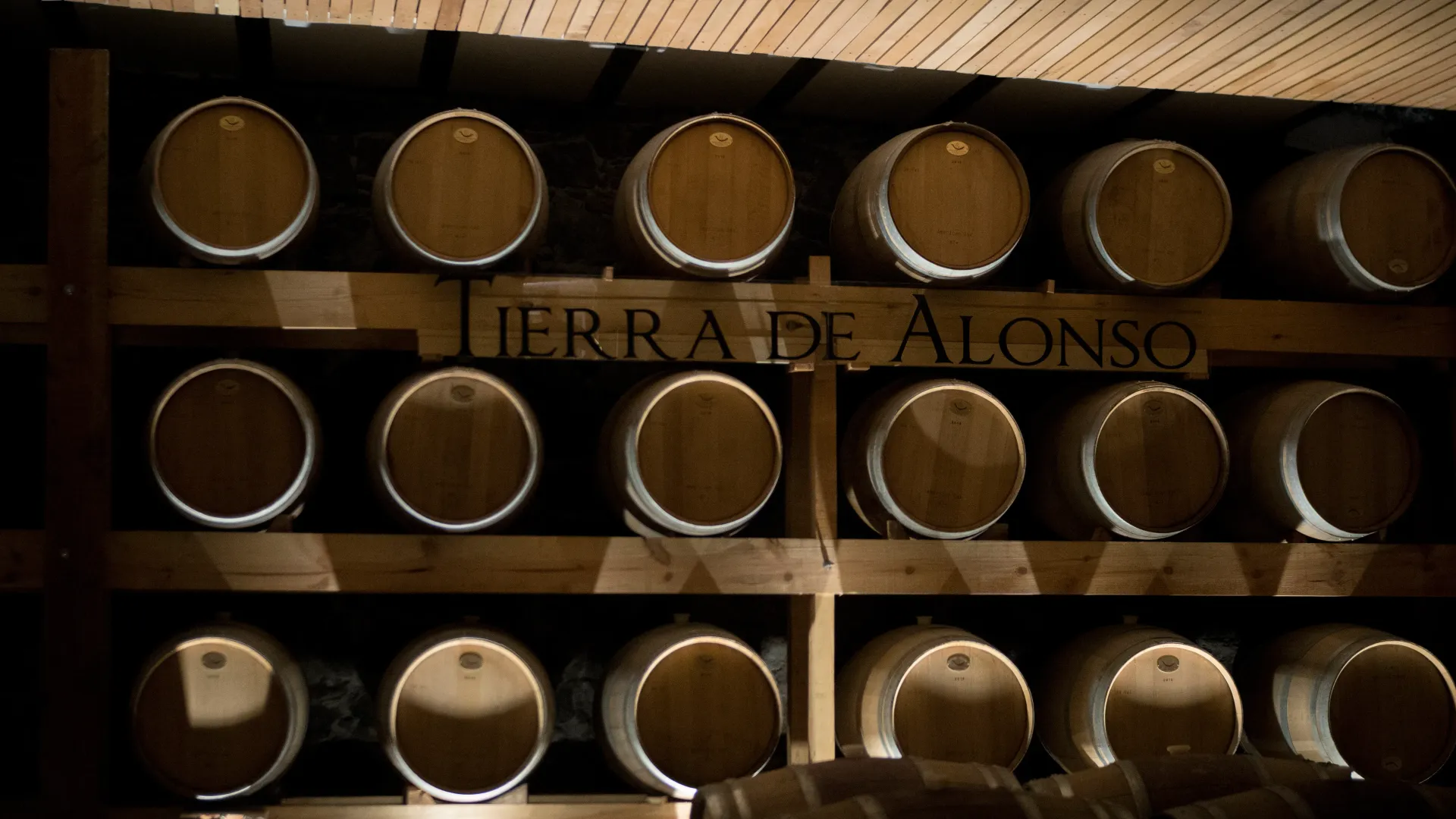 Barriles de vino apilados en una bodega con poca luz, con las palabras “Tierra de Alonso” en la pared.