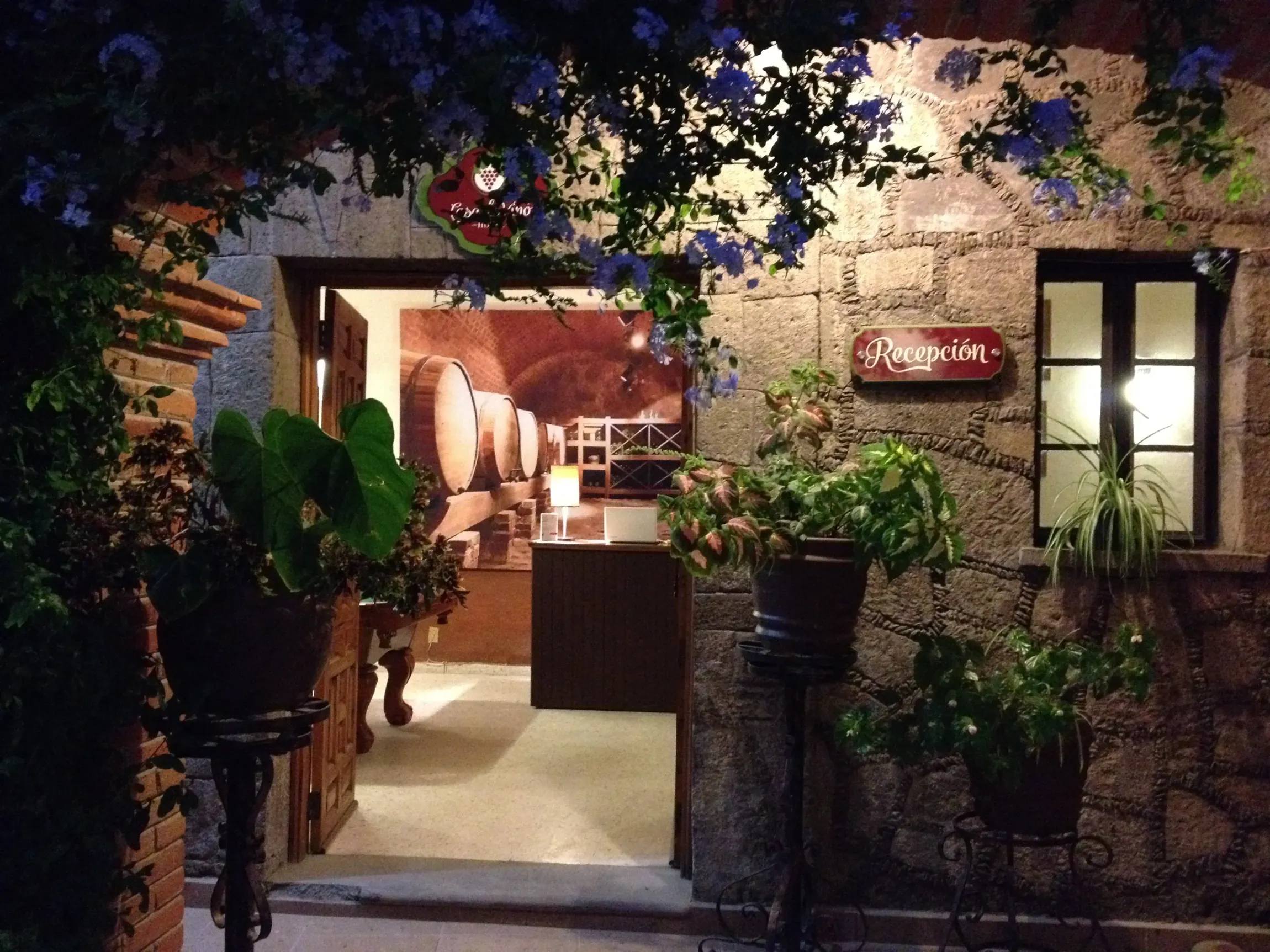 Entrada del restaurante cálidamente iluminada con plantas en macetas y un letrero rojo por la noche.