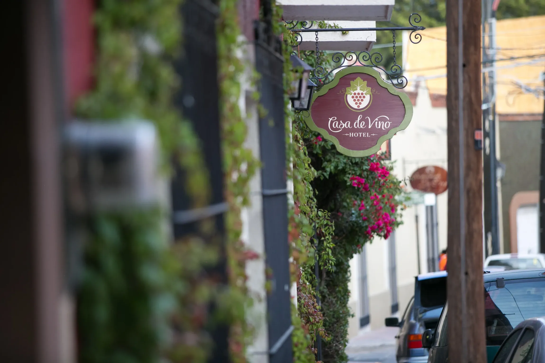 Calle estrecha con escaparates y cestas de flores colgantes, incluyendo un letrero morado de una tienda y coches aparcados.