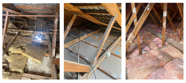 Three images of an attic space, showing wooden beams, insulation, and wiring.
