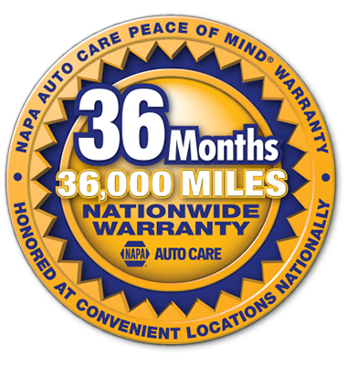Napa Auto Care nationwide warranty badge: 36 months/36,000 miles, yellow and blue circular seal