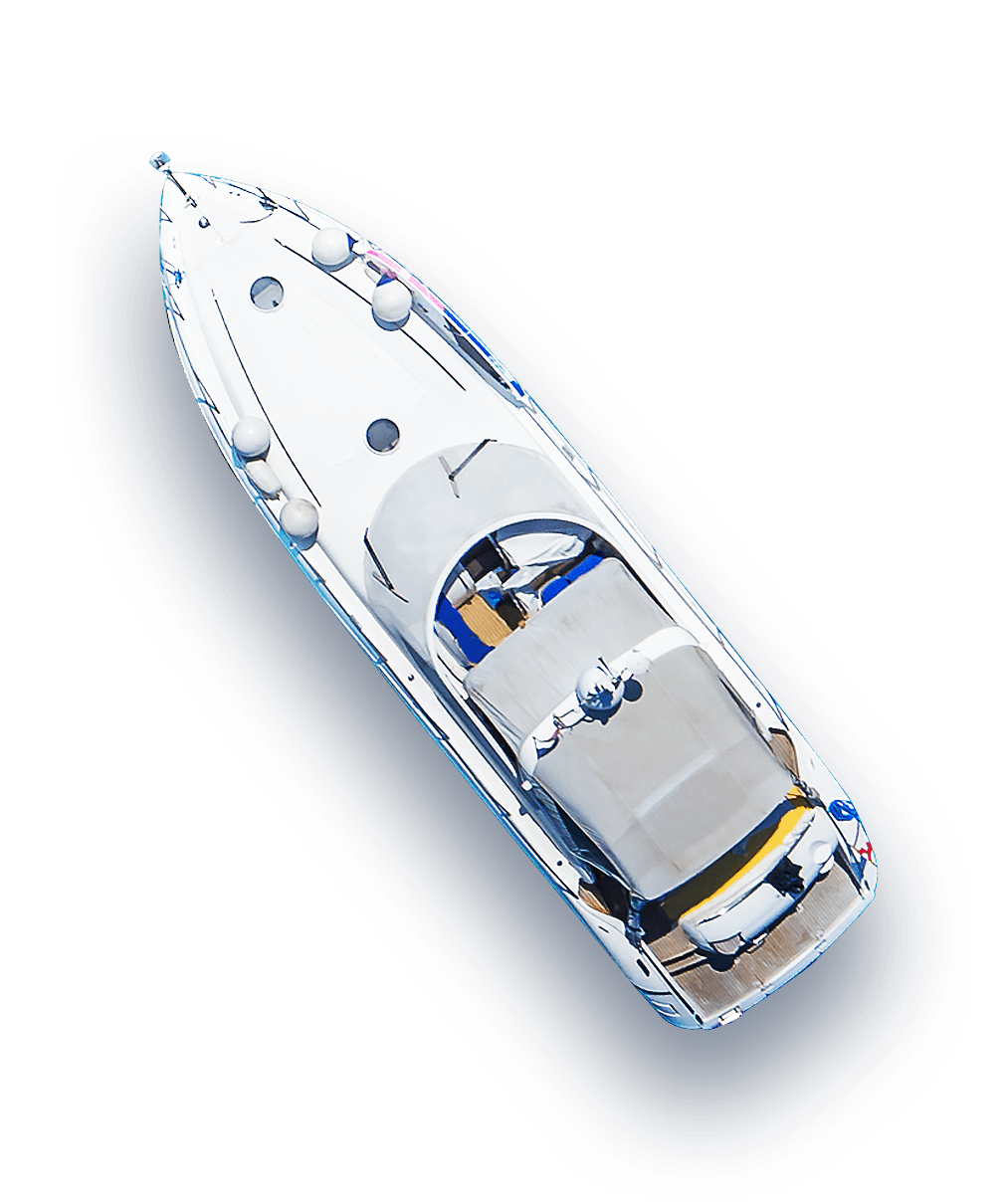 an aerial view of a white and blue boat