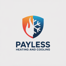 Logo for "Payless Heating and Cooling": Shield with fire and snowflake icons, blue and orange colors.