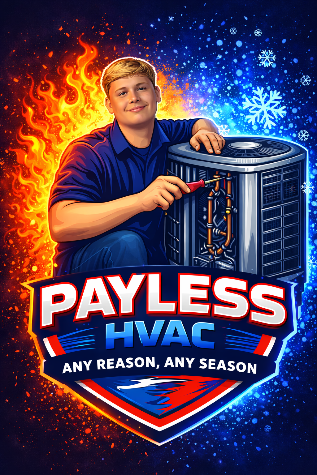 Logo for "Payless Heating and Cooling": Shield with fire and snowflake icons, blue and orange colors.