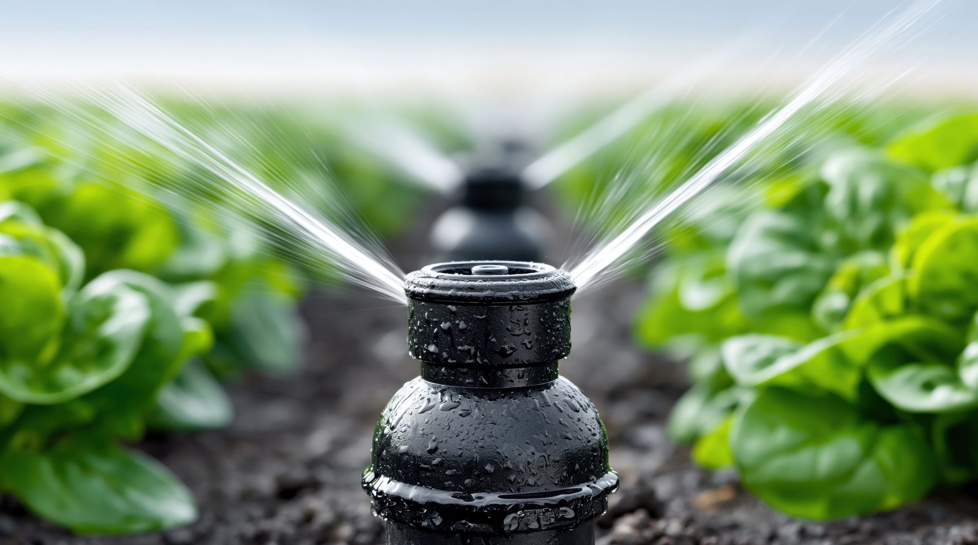 Automated irrigation system watering green crops in a field with sprinklers.