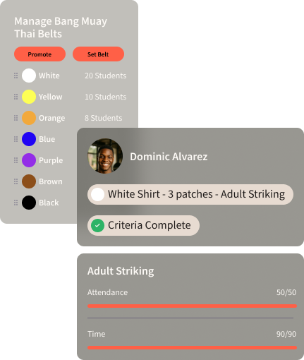 Dashboard showing “Manage Bang Muay Thai Belts” with color belt list and student status cards.