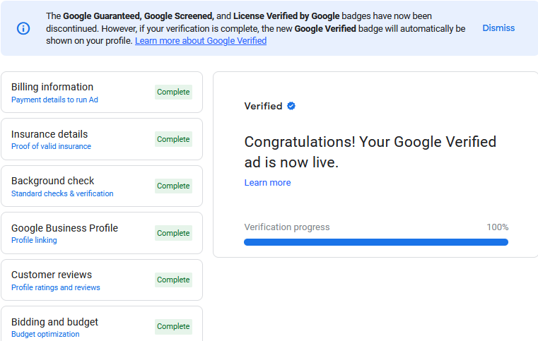 Google Verified ad is live. Completed verification steps. Blue progress bar is at 100%.