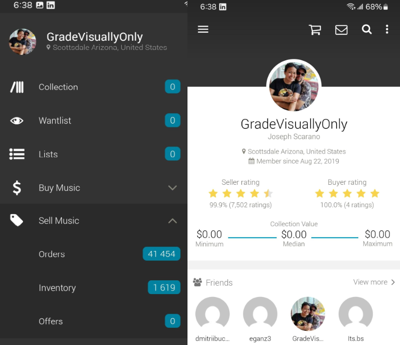 Mobile app interface: Profile screen and menu with account details, inventory, and buy/sell options.
