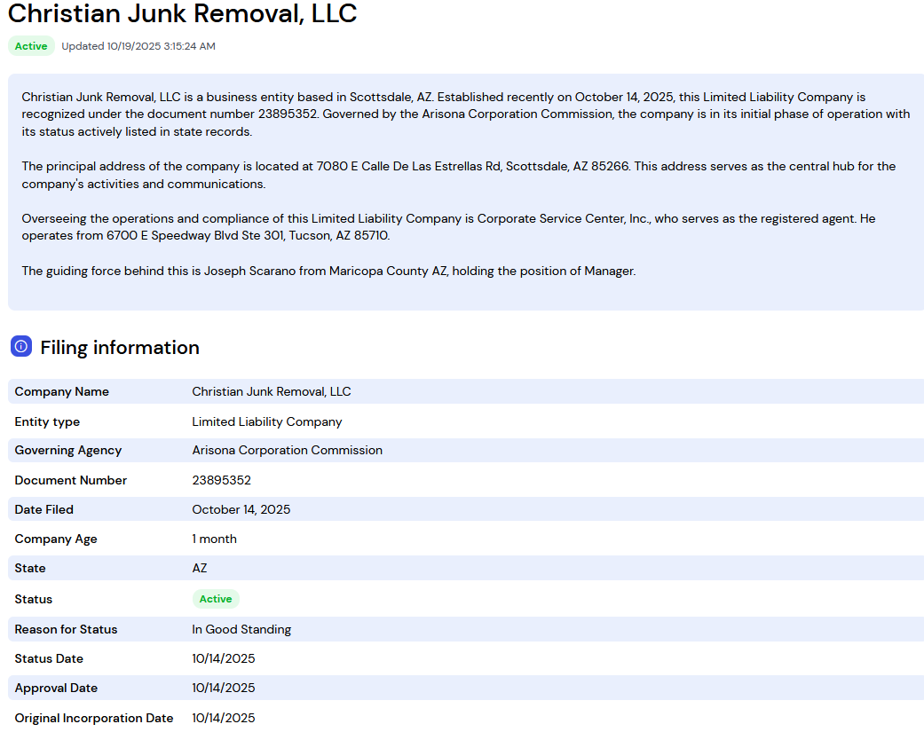 Filing information details for Christian Junk Removal, LLC: company name, address, filing date, type, etc.