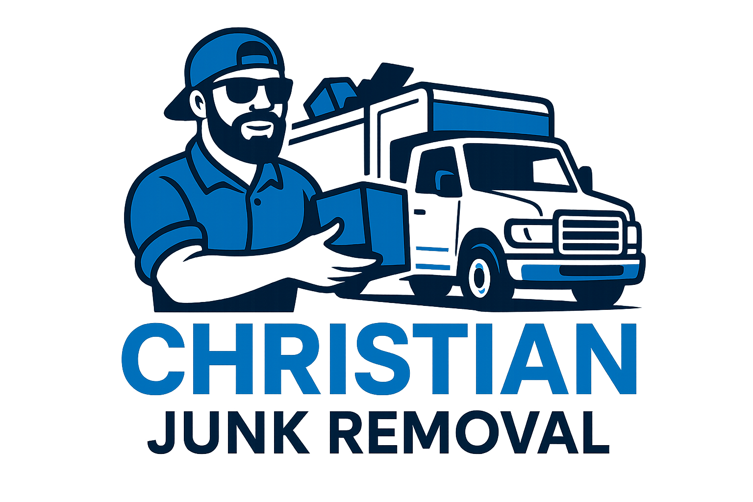 Man in blue with truck, holding boxes;