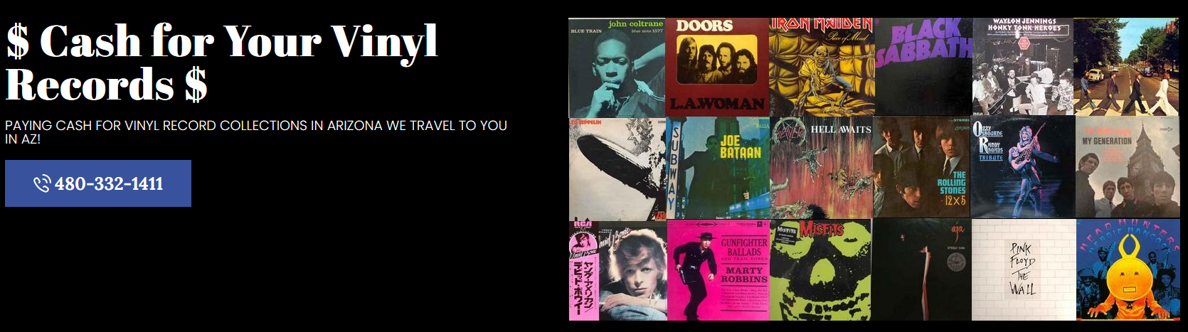 Ad for buying vinyl records, featuring album covers. 