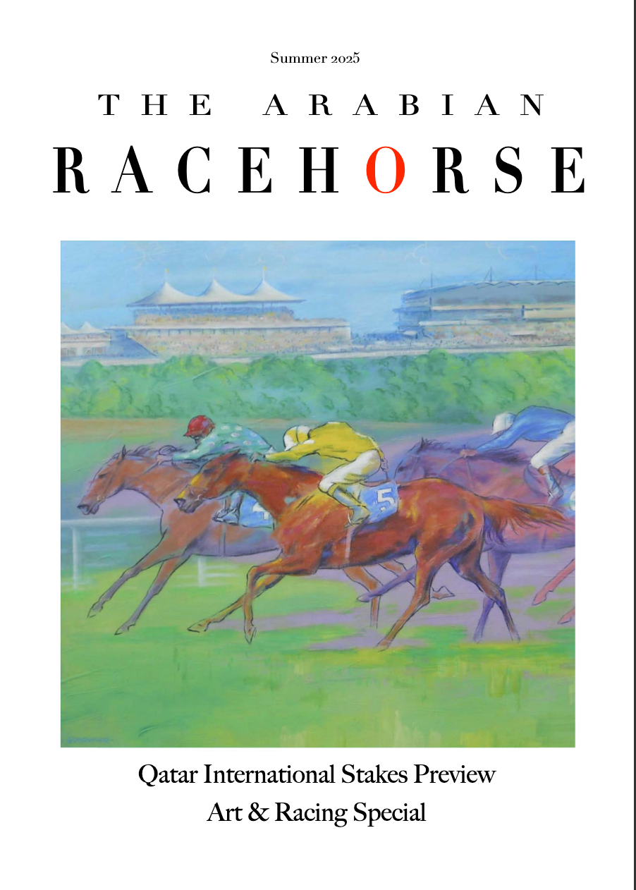 The cover of the arabian racehorse magazine shows a painting of horses racing on a track.