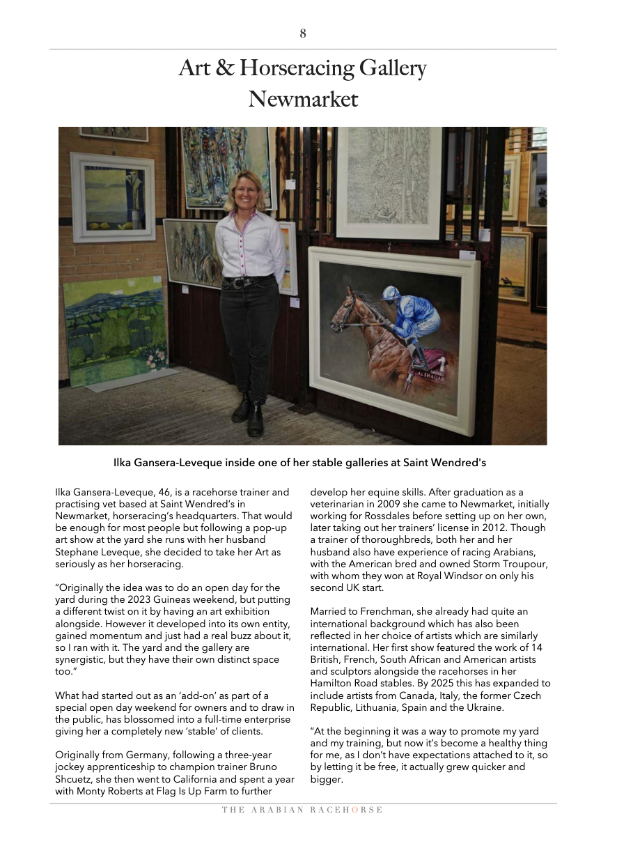 A woman is standing in front of a painting of a horse in a gallery.