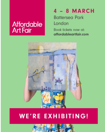 Poster for Affordable Art Fair: A person holds a painting, pink/green design with event dates & website.