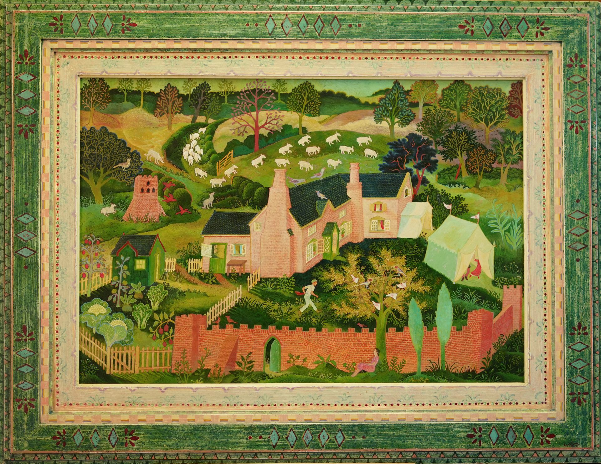 Pink buildings, sheep, trees in a green landscape, framed in green.