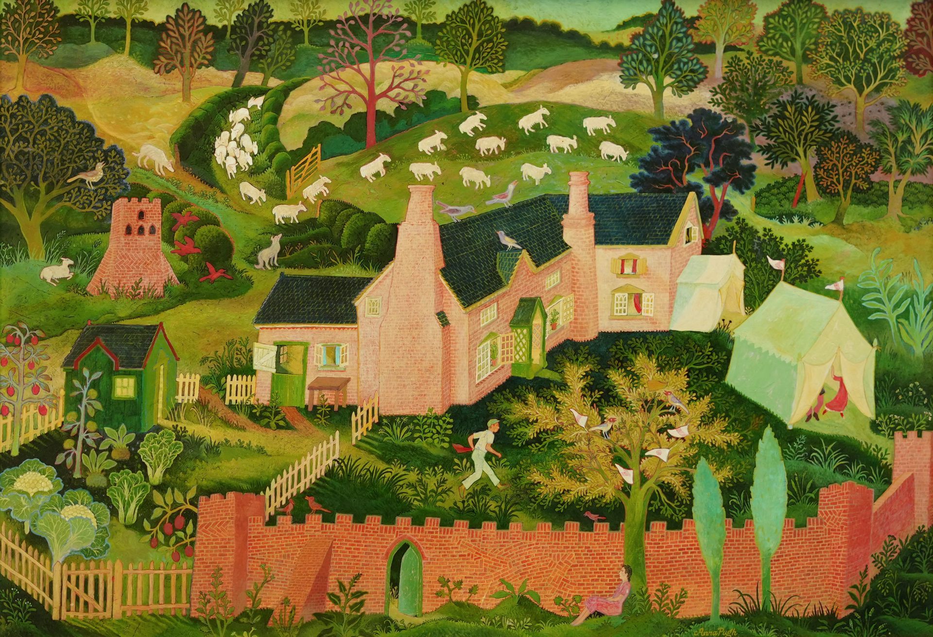 Pastel-colored folk art landscape with house, sheep, and running figure.