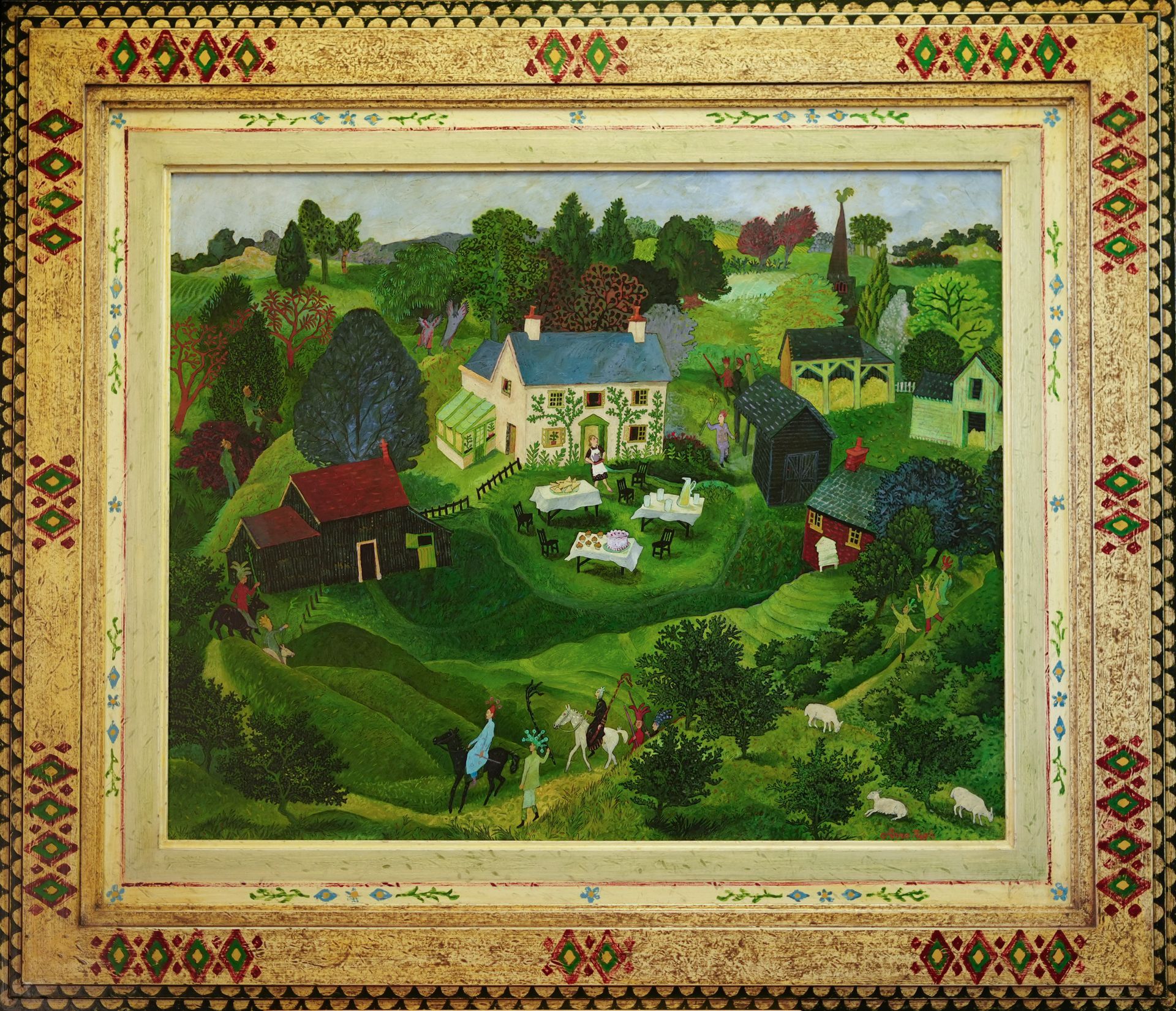 Painting of a lush green landscape with buildings and people. A house and tables sit on a hill. Brown ornate frame.
